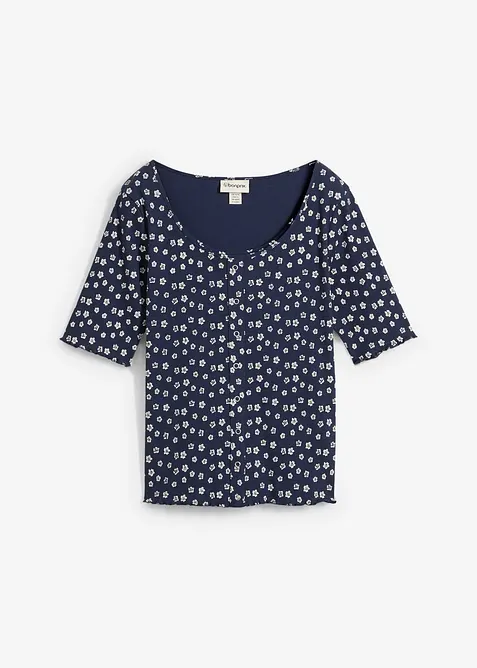 Žebrované tričko s květinovým potiskem, polodlouhý rukáv, bonprix