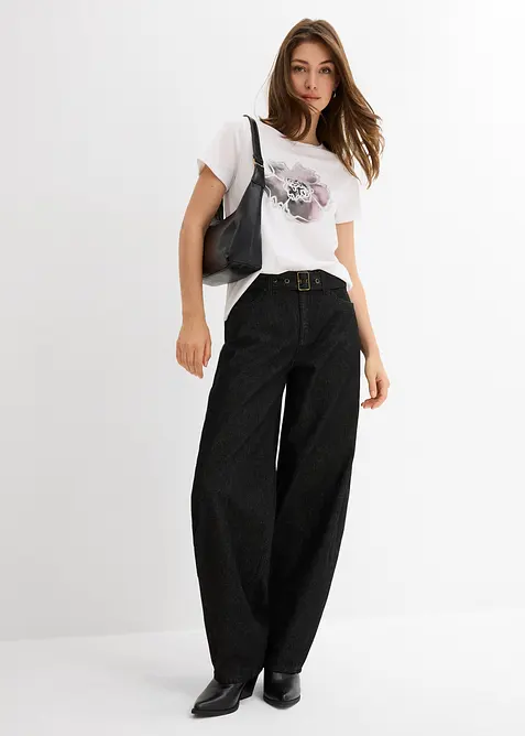 Džíny Barrel s páskem, Mid Waist, bonprix