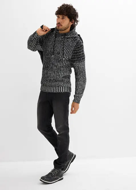 Svetr ze silnější pleteniny, s kapucí a detaily v motorkářském stylu, bonprix