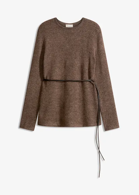 Pletené tričko s podílem vlny a vázačkou z imitace kůže, bonprix