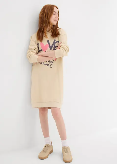 Teplákové šaty s kapucí, z čisté organické bavlny, bonprix