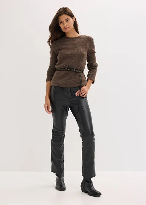 Pletené tričko s podílem vlny a vázačkou z imitace kůže, bonprix