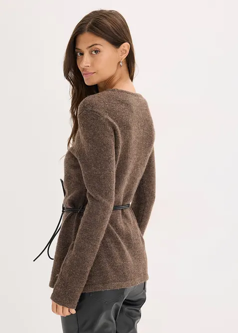 Pletené tričko s podílem vlny a vázačkou z imitace kůže, bonprix