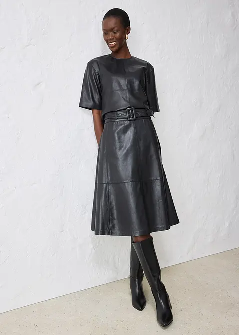 Sukně z jehněčí kůže nappa s páskem (2dílná souprava), bonprix