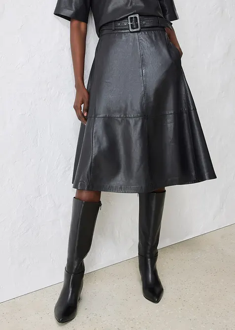 Sukně z jehněčí kůže nappa s páskem (2dílná souprava), bonprix