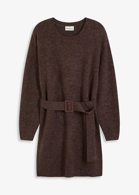 Krátké pletené šaty s podílem měkké vlny a s páskem, bonprix