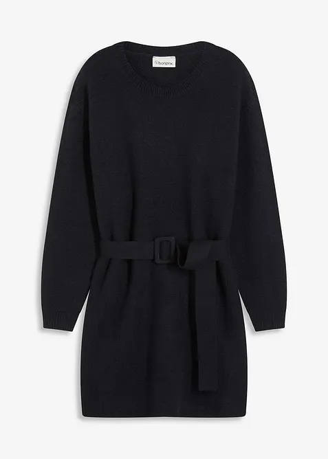 Krátké pletené šaty s podílem měkké vlny a s páskem, bonprix