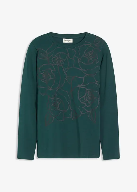 Triko s dlouhým rukávem a potiskem růží, bonprix