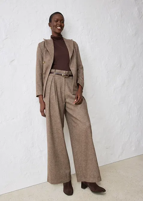 Široké kalhoty se sklady v pase, s vlnou, bonprix