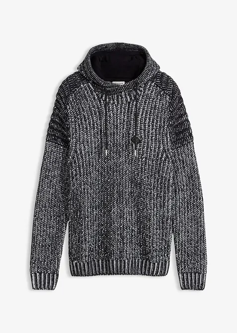 Svetr ze silnější pleteniny, s kapucí a detaily v motorkářském stylu, bonprix