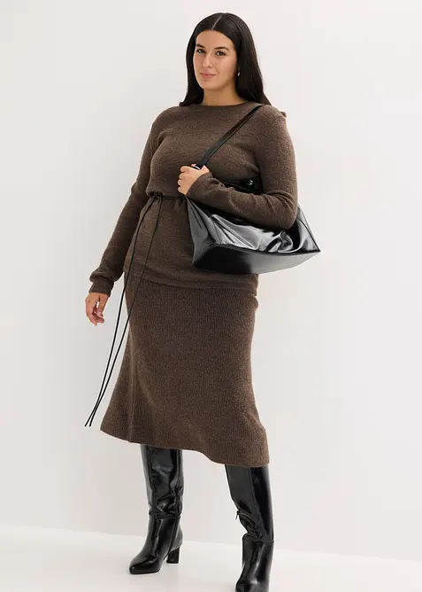 Pletené tričko s podílem vlny a vázačkou z imitace kůže, bonprix