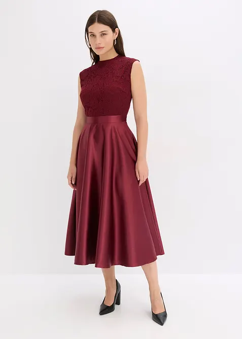 Midi šaty z lesklého saténu s krajkou, bonprix