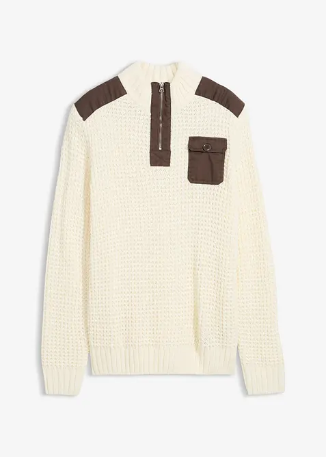 Svetr s límečkem, z hrubé pleteniny, s tkanými aplikacemi, bonprix