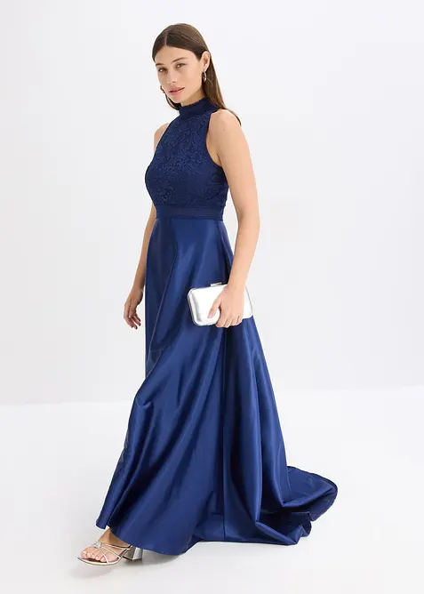 Dlouhé šaty z lesklého saténu, s krajkou, bonprix