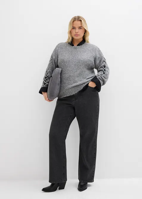 Volné džíny Straight, High Waist, pohodlný pas, se štrasem, bonprix