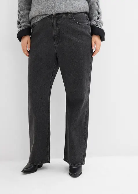 Volné džíny Straight, High Waist, pohodlný pas, se štrasem, bonprix