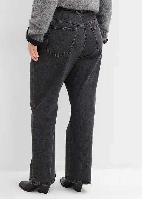 Volné džíny Straight, High Waist, pohodlný pas, se štrasem, bonprix