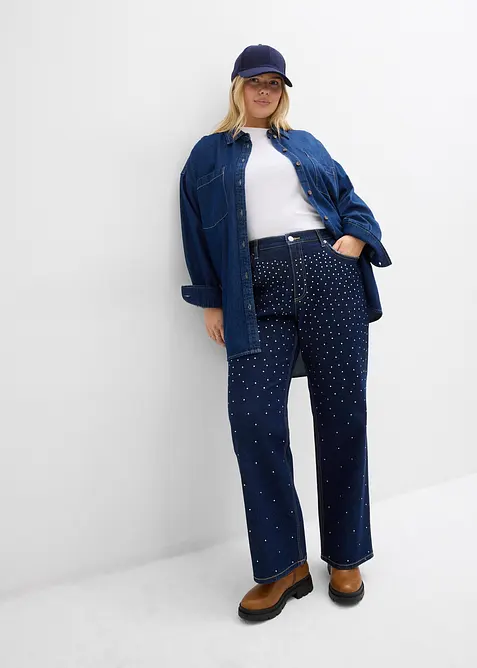 Džíny Straight, Mid Waist, se štrasovými kamínky, bonprix