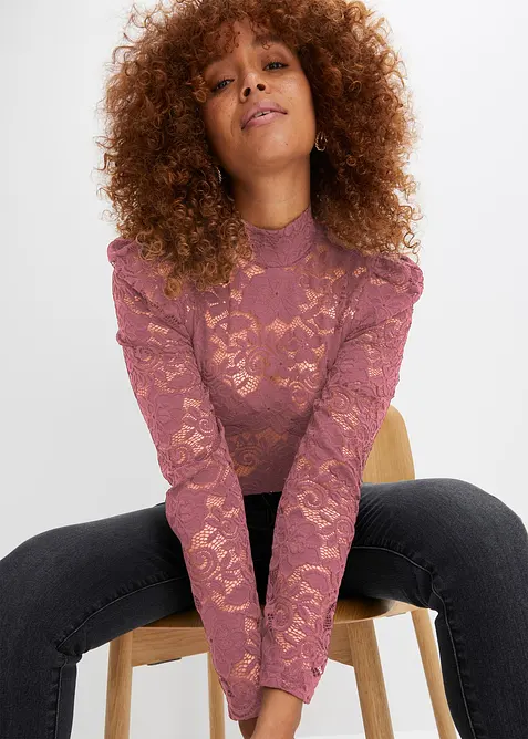 Přiléhavé krajkové tričko s dlouhým rukávem, bonprix