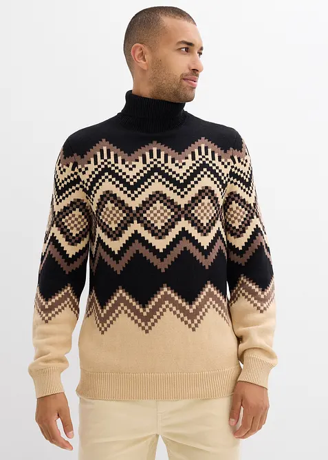 Svetr s rolákovým límcem a ikatovým vzorem, z měkké bavlněné směsi, bonprix