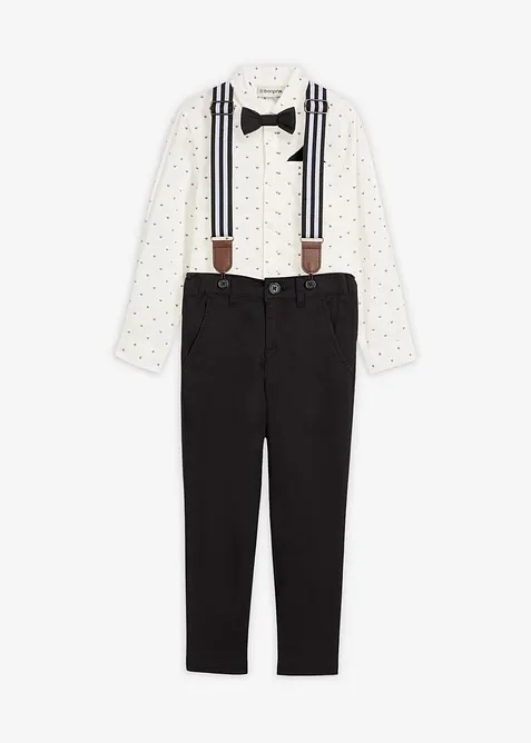 Košile s dlouhým rukávem, strečové kalhoty, šle a motýlek (4dílná souprava), bonprix