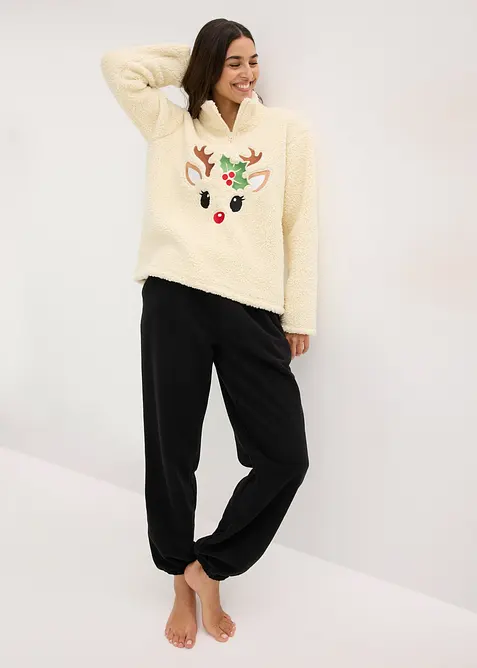 Domácí souprava z medvídkového flísu, s flísovými kalhotami, bonprix