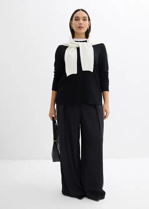 Tričko s dlouh&yacute;m ruk&aacute;vem, z visk&oacute;zov&eacute; směsi, s kontrastn&iacute;m n&iacute;zk&yacute;m rol&aacute;kem, bonprix