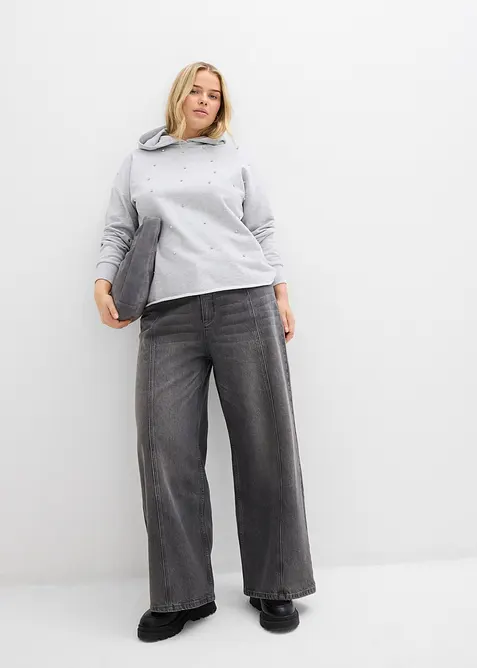 Oversize mikina s kapuc&iacute; a s ozdobn&yacute;mi kam&iacute;nky, bonprix