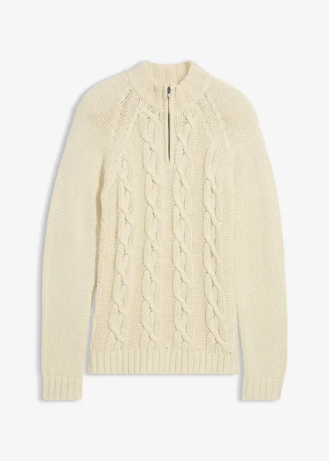Svetr s  límcem na zip, z měkké bavlněné směsi s copánkovým vzorem, bonprix