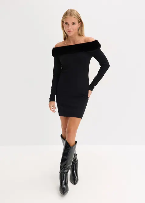 Pletené šaty s lemem z umělé kožešiny, bonprix