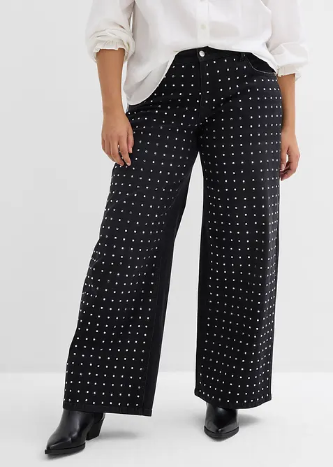 Džíny Straight, Loose, Mid Wast s aplikací ze štrasových kamínků, bonprix