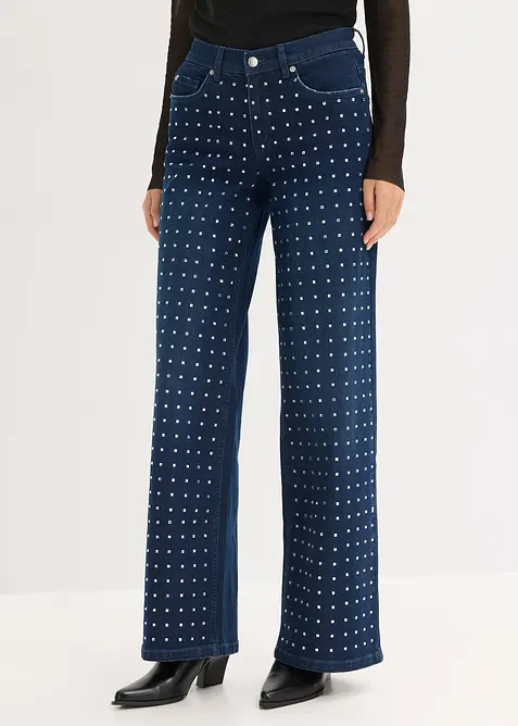 Dž&iacute;ny Straight, Loose, Mid Wast s aplikac&iacute; ze &scaron;trasov&yacute;ch kam&iacute;nků, bonprix