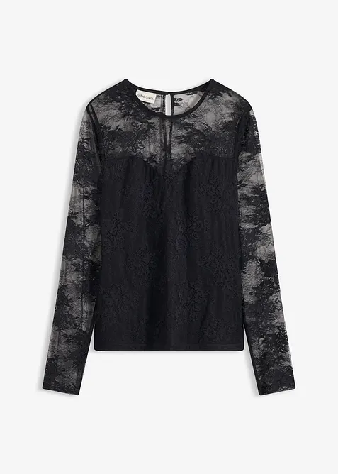 Triko s dlouhým rukávem, z jemné krajky, bonprix