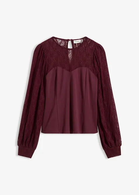 Triko s dlouh&yacute;m ruk&aacute;vem a krajkou, bonprix