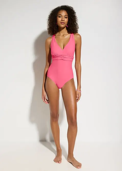 Stahovac&iacute; jednod&iacute;ln&eacute; plavky s překř&iacute;žen&yacute;mi ram&iacute;nky, lehk&yacute; tvaruj&iacute;c&iacute; efekt, bonprix