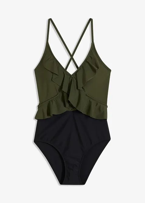 Jednodílné plavky s prostřihem a volány, bonprix