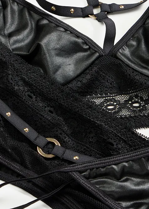 Podprsenka, tanga, podvazky s mokrým efektem (3dílná souprava), bonprix