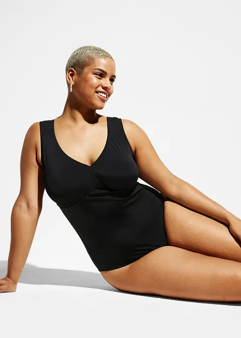 Stahovac&iacute; jednod&iacute;ln&eacute; plavky s v&yacute;střihem do V, středn&iacute; tvaruj&iacute;c&iacute; efekt, bonprix