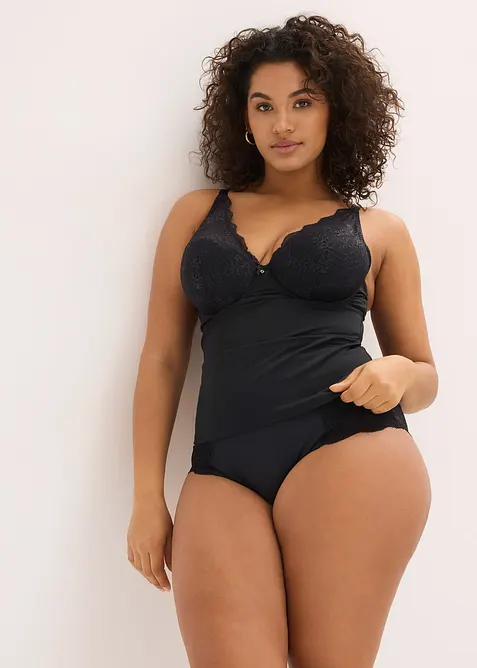 Stahovac&iacute; top s vyztuženou podprsenkou a krajkou, středn&iacute; tvaruj&iacute;c&iacute; efekt, bonprix