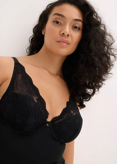 Stahovac&iacute; top s vyztuženou podprsenkou a krajkou, středn&iacute; tvaruj&iacute;c&iacute; efekt, bonprix