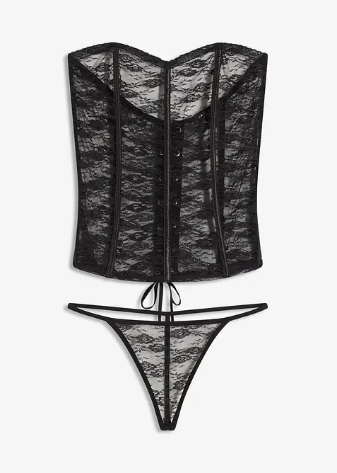 Korzet a kalhotky tanga z krajky (2d&iacute;ln&aacute; souprava), bonprix