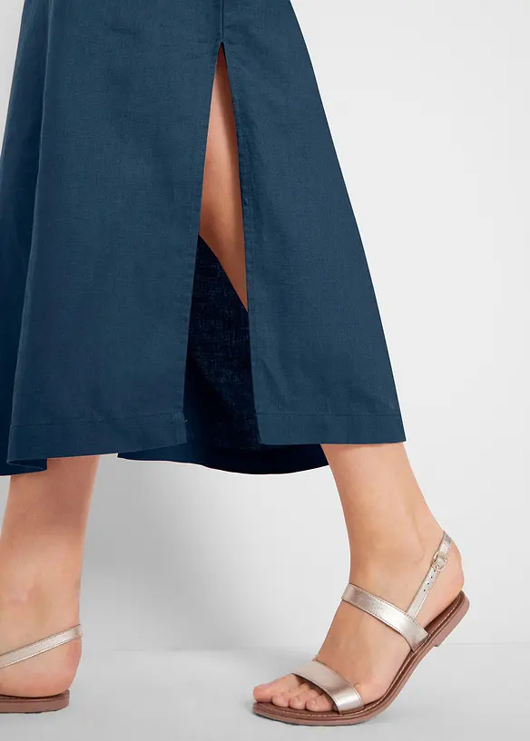 Dlouhé lněné šaty s dírkovaným vzorem u výstřihu, s postranním rozparkem, bonprix