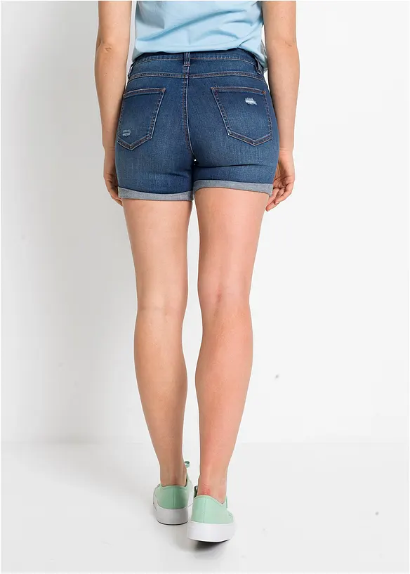 Džínové šortky s obnošenými efekty Mid Waist, bonprix