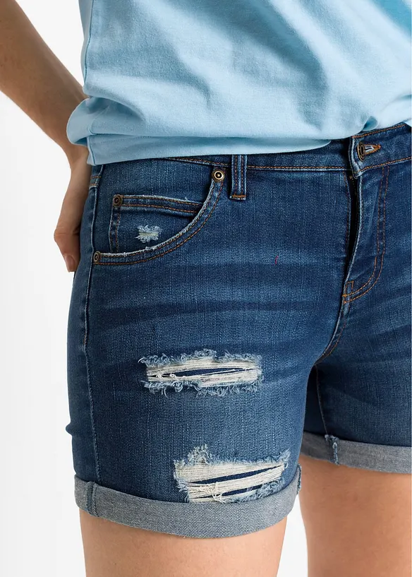 Džínové šortky s obnošenými efekty Mid Waist, bonprix