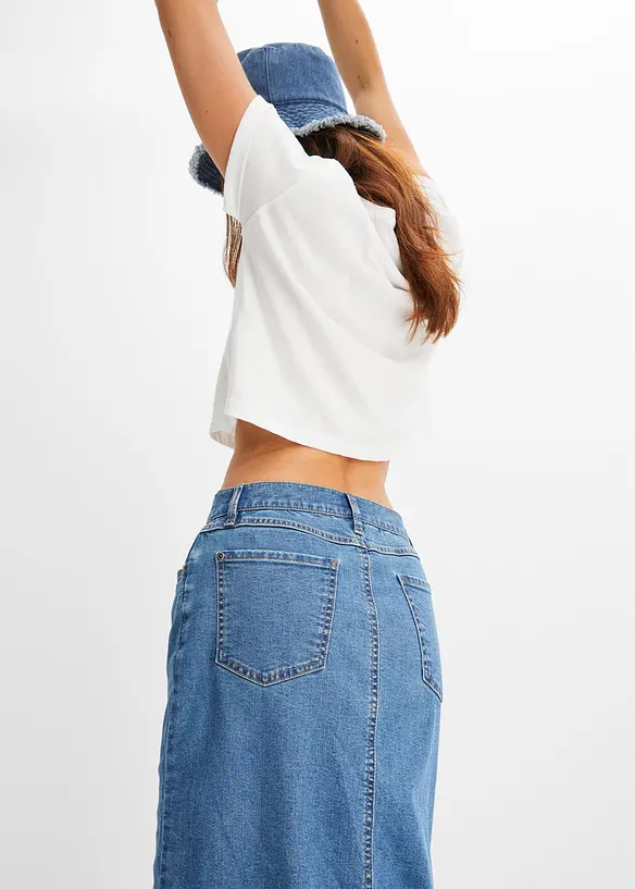 Dlouhá džínová sukně s rozparkem, z materiálu Positive Denim #1 Fabric, bonprix