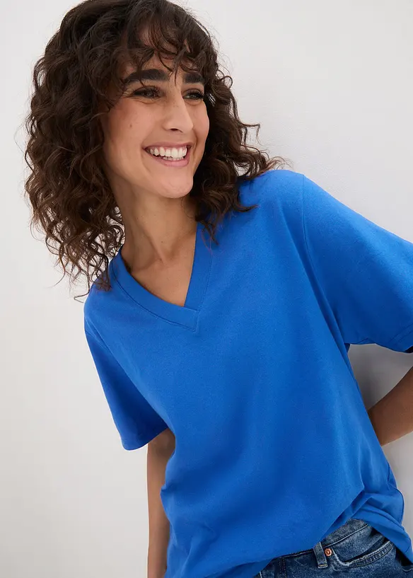 Dlouh&eacute; tričko se &scaron;irok&yacute;m střihem a s v&yacute;střihem do V, kr&aacute;tk&yacute; ruk&aacute;v (5 ks v balen&iacute;), bonprix