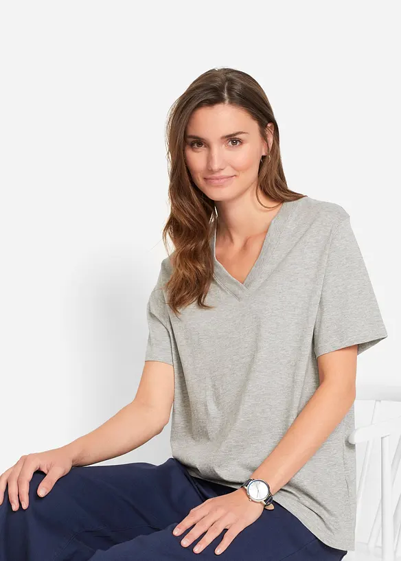 Dlouhé tričko se širokým střihem a s výstřihem do V, krátký rukáv (5 ks v balení), bonprix