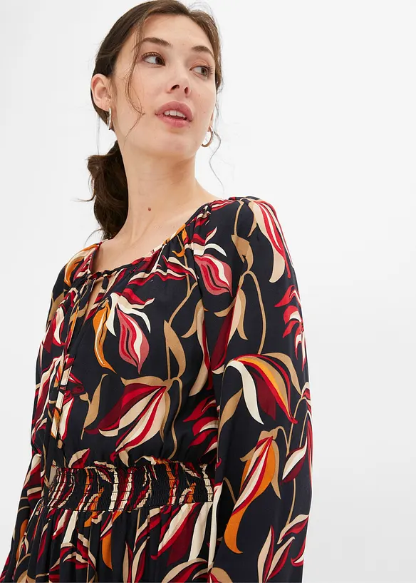 Visk&oacute;zov&eacute; tkan&eacute; &scaron;aty s žabkovan&yacute;m pasem, d&eacute;lka ke kolenům, bonprix