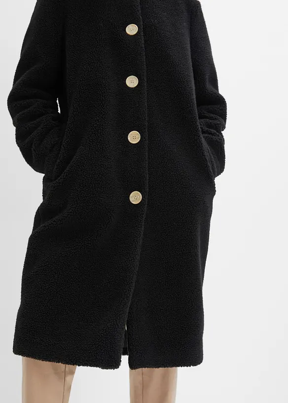 Plyšový kabát s kapucí a kapsami, bonprix