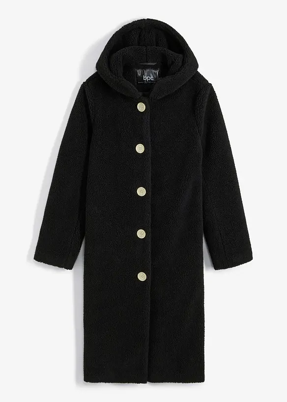 Plyšový kabát s kapucí a kapsami, bonprix